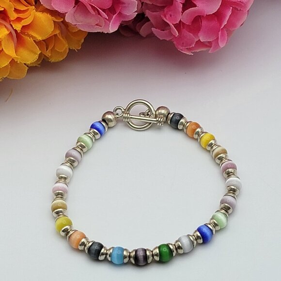Sterling Silver Multicolor Cat's Eye Glass Beaded Bracelet 8